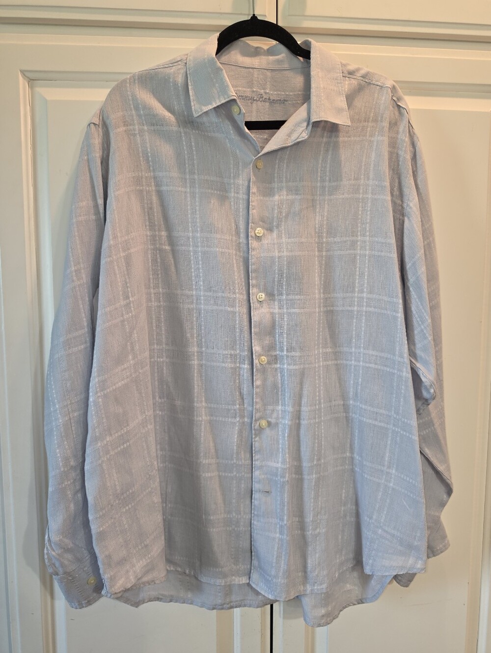 Tommy Bahama Linen Men's Light Blue Windowpane Casual Button-Down Shirt